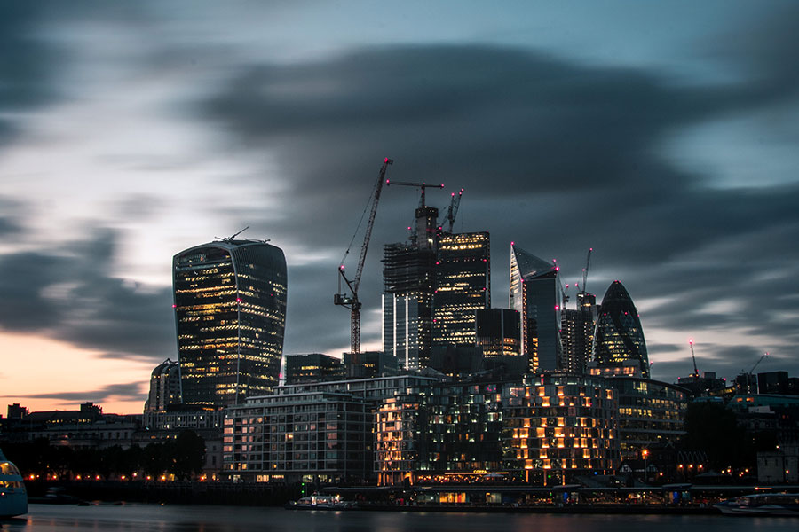 City of London skyline at dusk under construction