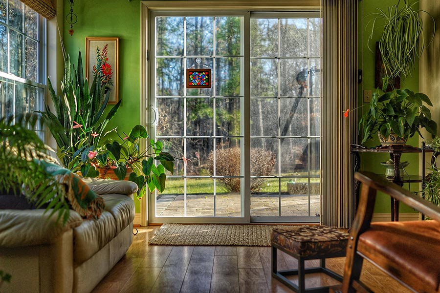 inside view of green living room with traditional white patio doors