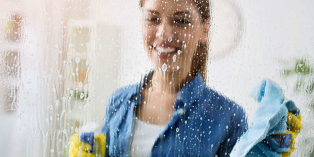 woman cleaning glass